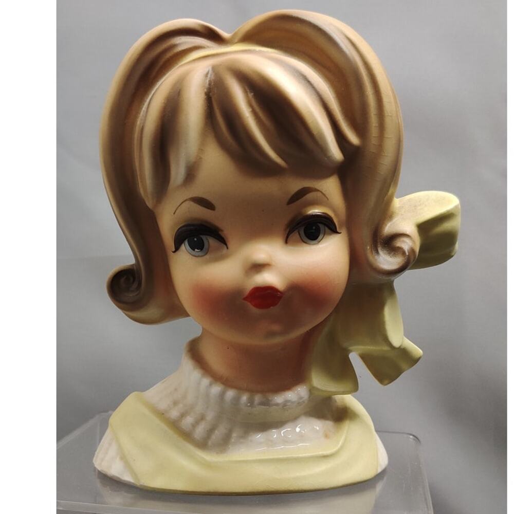 Vintage Yellow Jumper Blonde Lady Head Vase Planter Kitsch Ceramic Inarco E-2767